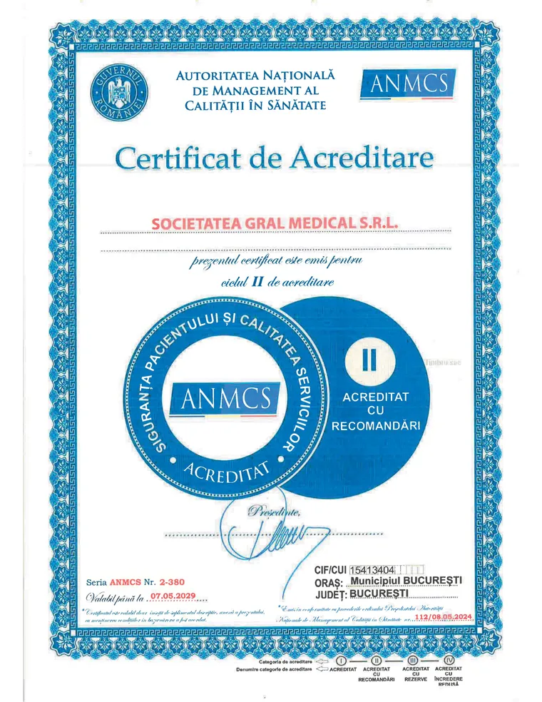 Certificat de acreditare ANMCS al Gral Medical, ciclul II, categoria acreditat cu recomandări