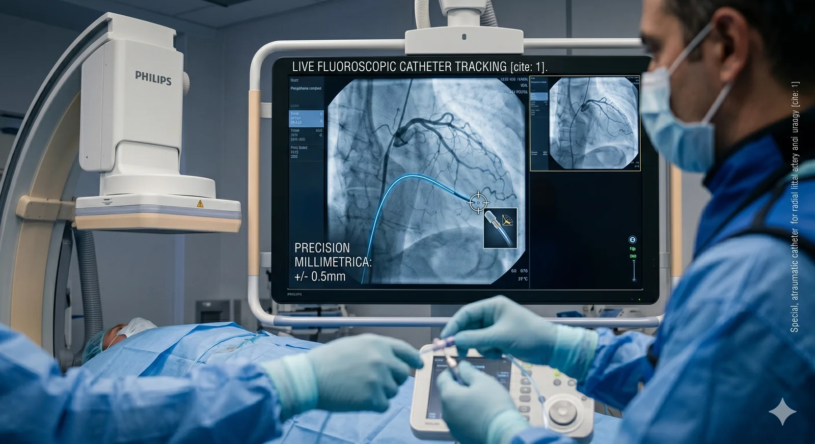 Sala de angiografie Gral Medical: medic urmărește cateterizarea coronariană pe monitorul Philips Azurion 5 M20, precizie milimetrică ±0.5mm