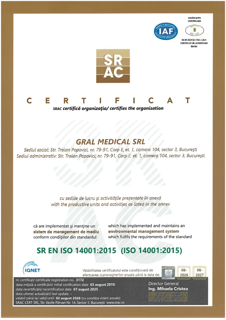 Certificat ISO 14001:2015 pentru managementul de mediu, Gral Medical