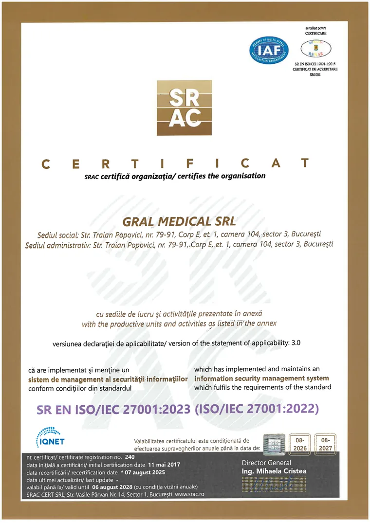 Certificat ISO/IEC 27001:2023 pentru securitatea informațiilor, Gral Medical