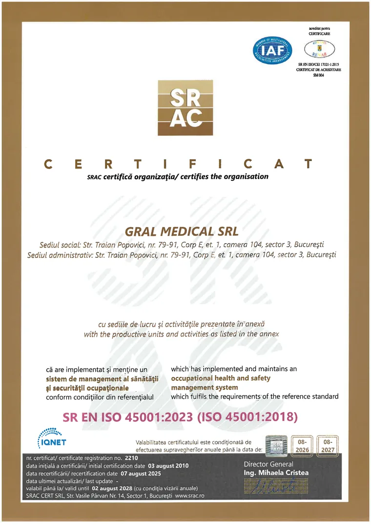 Certificat ISO 45001:2018 pentru sănătate și securitate ocupațională, Gral Medical