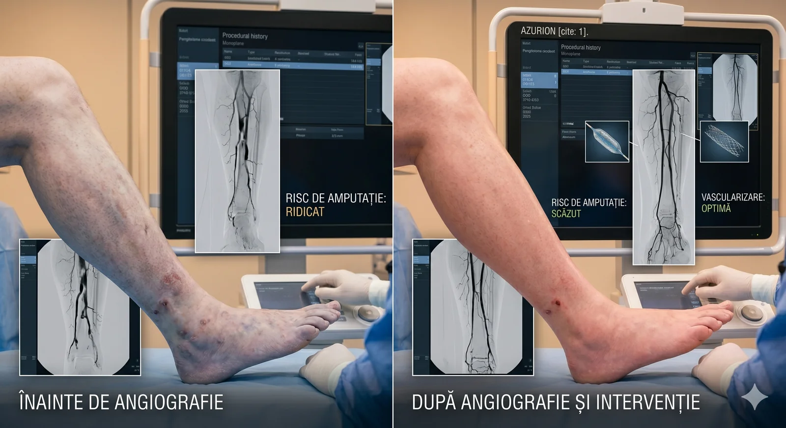 Salvarea unui membru inferior la Gral Medical: înainte de angiografie (risc ridicat de amputație) vs. după intervenție (vascularizare optimă, picior recuperat)