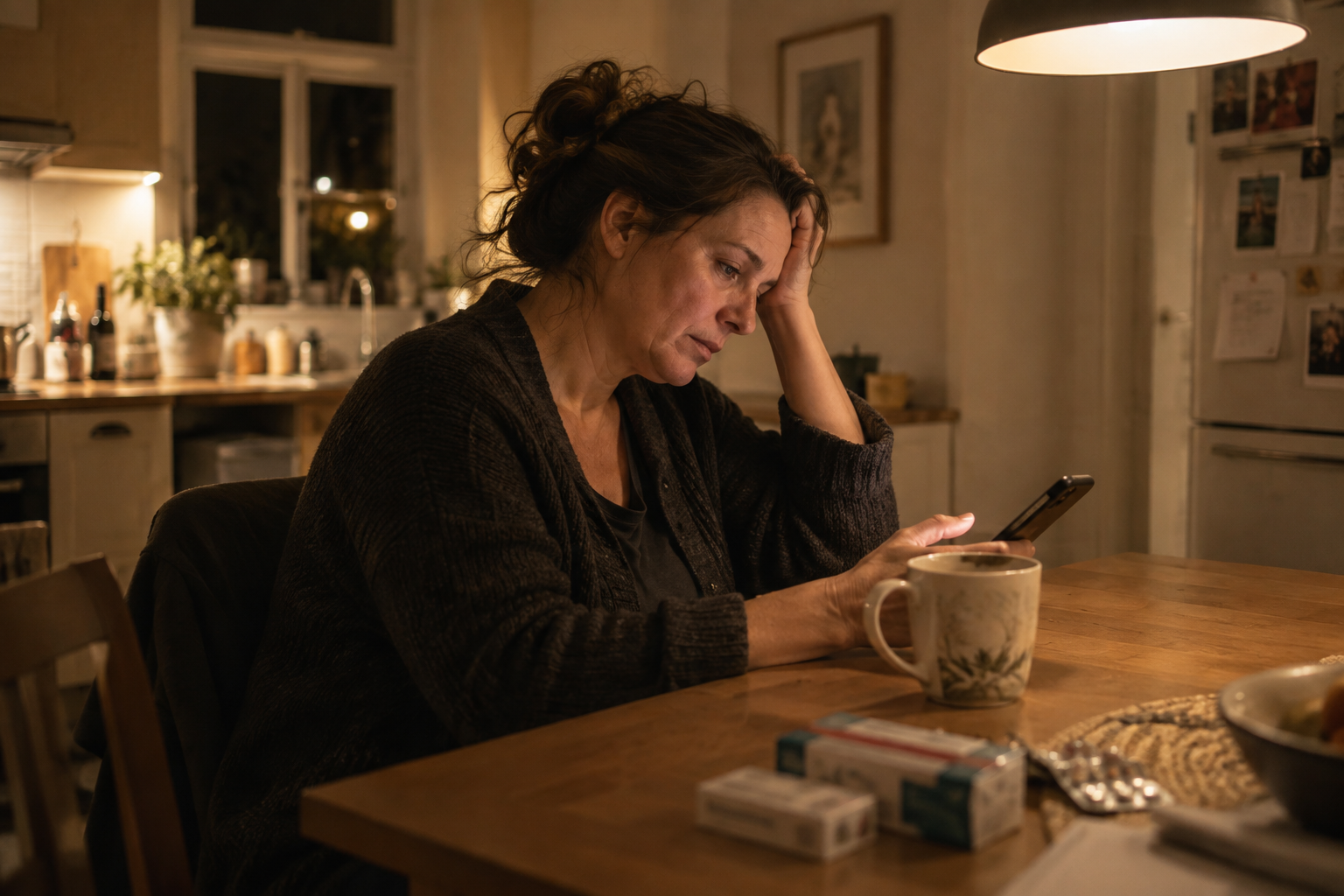 O femeie obosită, noaptea, la masa din bucătărie, cu telefonul în mână și cutii de medicamente în față
